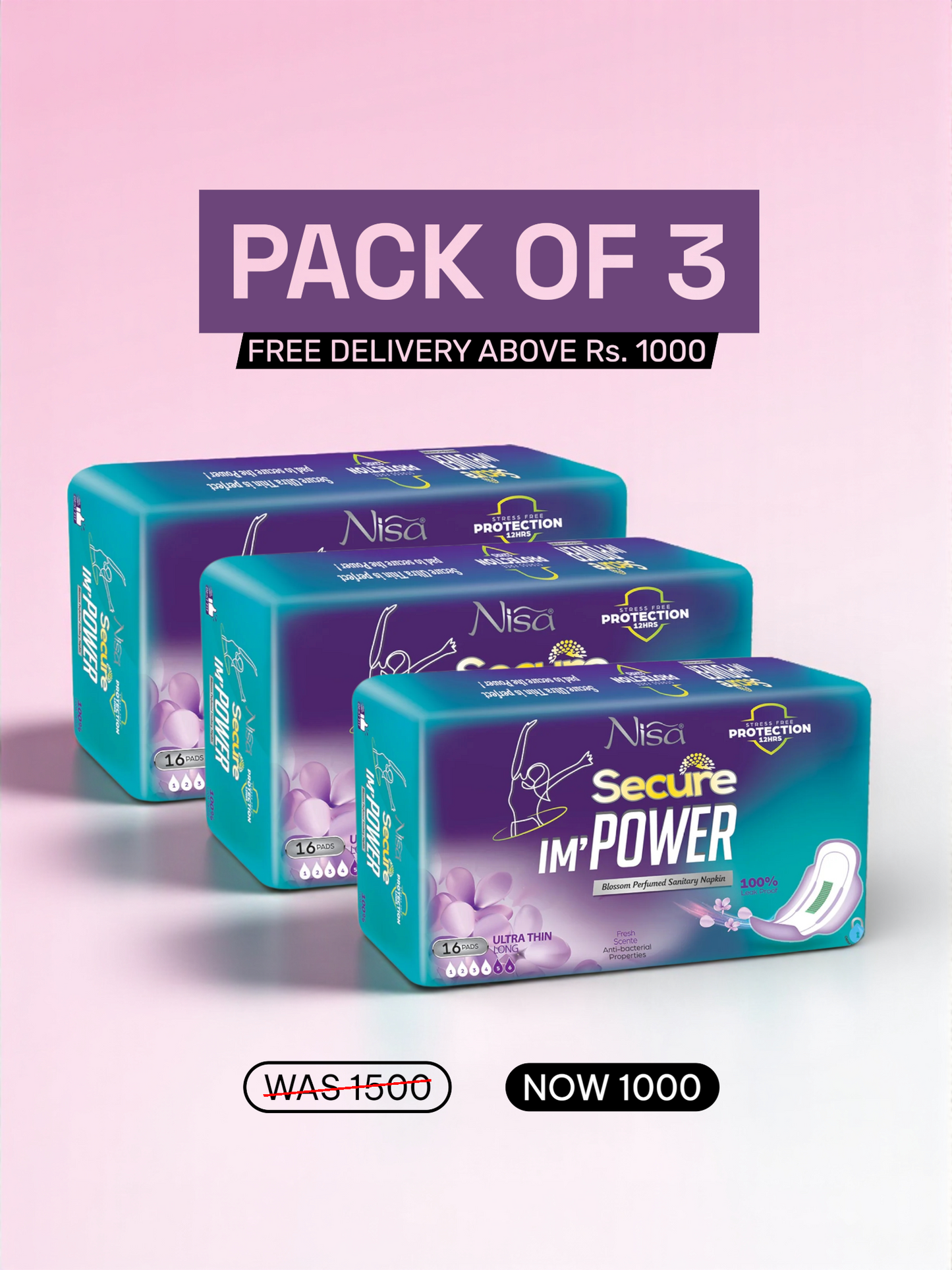 Long Ultra Thin Secure Pads - Pack Of 3
